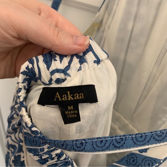 Ivory and blue maxi dress with high neck and open back, size M - Picture 2 of 7